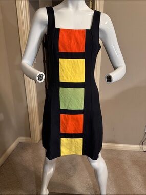 Bentley Brand Colorblock Square-Neck Dress w/Orange, Yellow & Green Panels